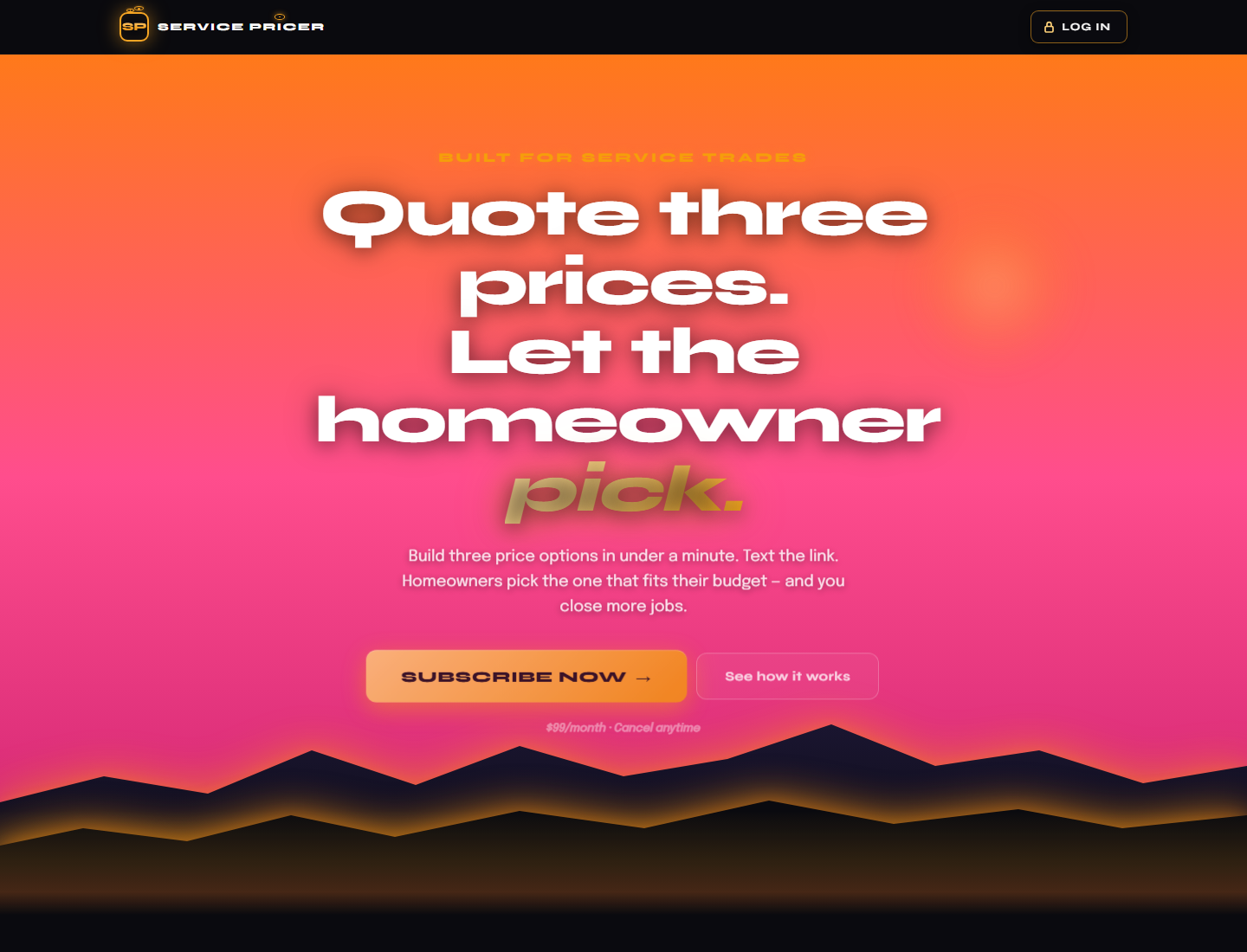 Service Pricer live landing screen.