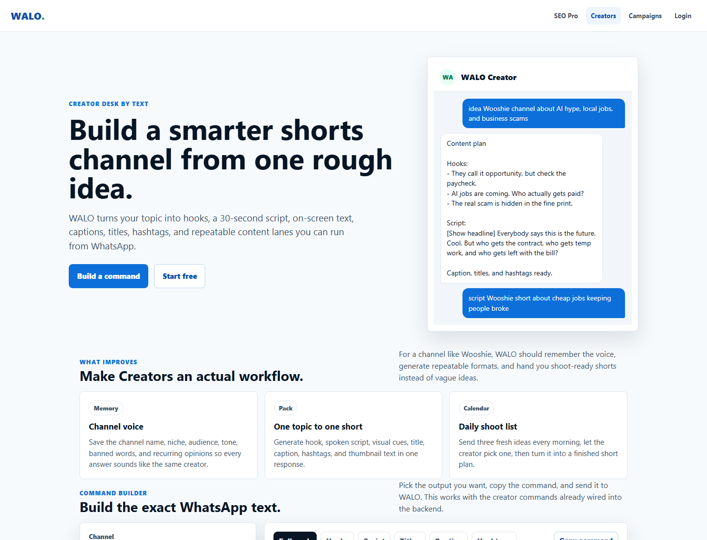 The live WALO Creators page: command builder plus creator memory workflow.